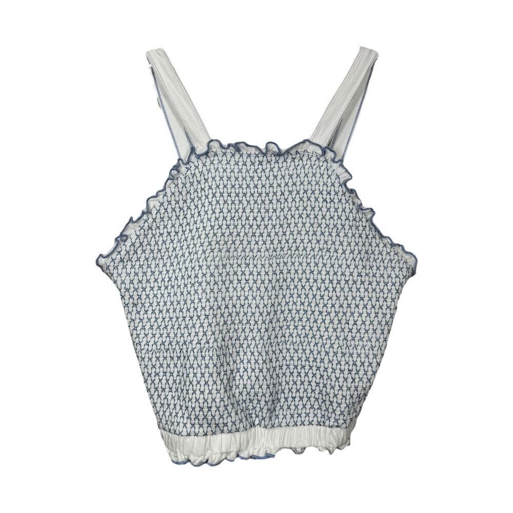 Anthropologie Smocked High Neck Cropped Tank Top Large New White Blue Cottage